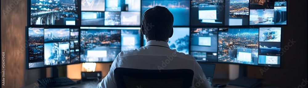 Poster a focused professional monitoring multiple screens in a modern workspace