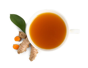 Aromatic turmeric tea in cup, roots and green leaf isolated on white, top view