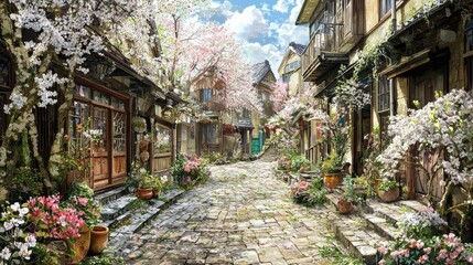 Fototapeta premium Cobblestone street, spring blossoms, quaint shops, sunny day, travel background