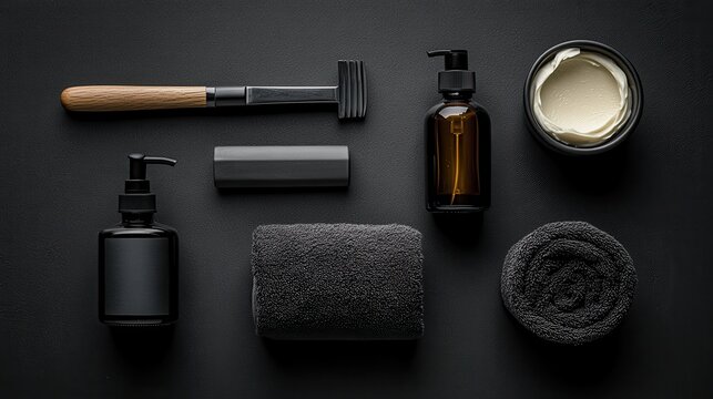  men's self-care essentials including a straight razor, shaving cream, aftershave, and a towel, laid out on a sleek black surface, highlighting the simplicity and functionality of the items.