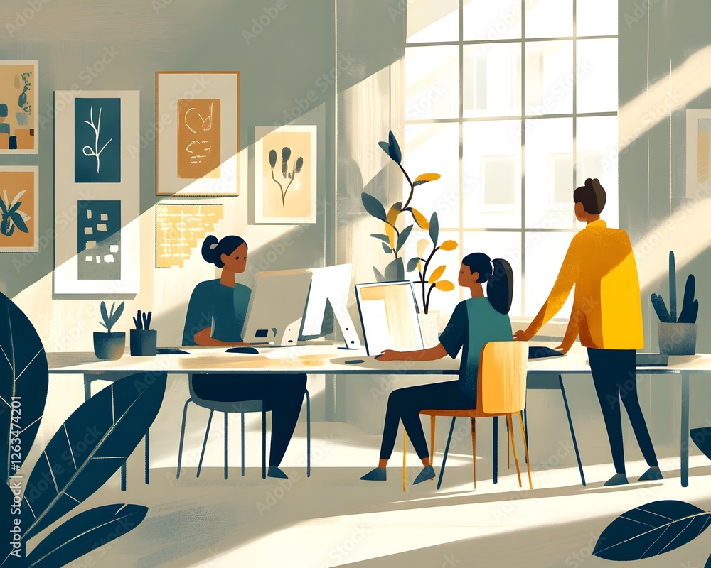 Poster a modern office workspace with three professionals collaborating on projects. bright natural light f