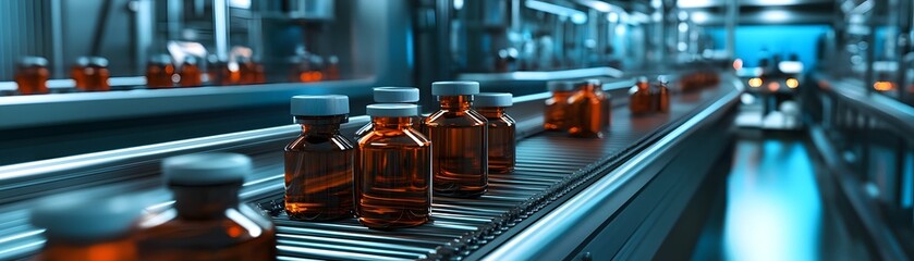 A modern pharmaceutical production facility showcasing amber bottles on a conveyor belt, emphasizing automation and efficiency in drug manufacturing.