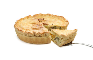 Tasty homemade pie with chicken and vegetables isolated on white