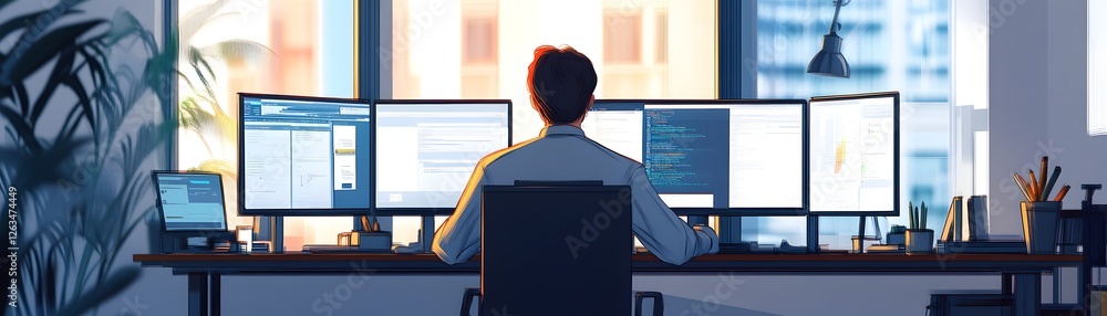 Poster a professional individual focused on multiple computer screens while working in a modern office envi
