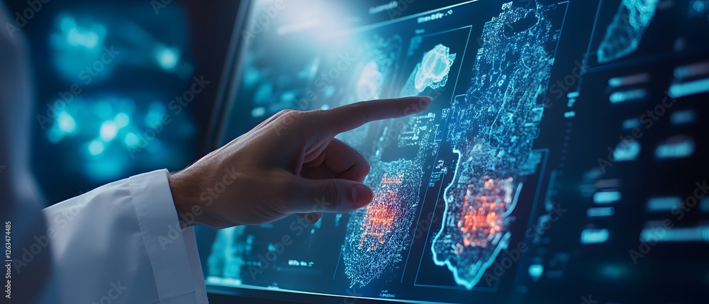 Poster a researcher examines a high-tech screen displaying intricate data and graphical representations, hi