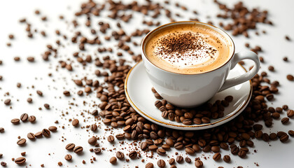 Cup of cappuccino sits on a saucer surrounded by coffee beans. Cup of cappuccino on saucer with coffee beans, perfect for coffee shops, cafes, menus, social media, and blog posts.