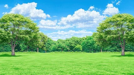 Obraz premium Lush green park, sunny day, trees, blue sky, nature background, ideal for environmental or travel ads