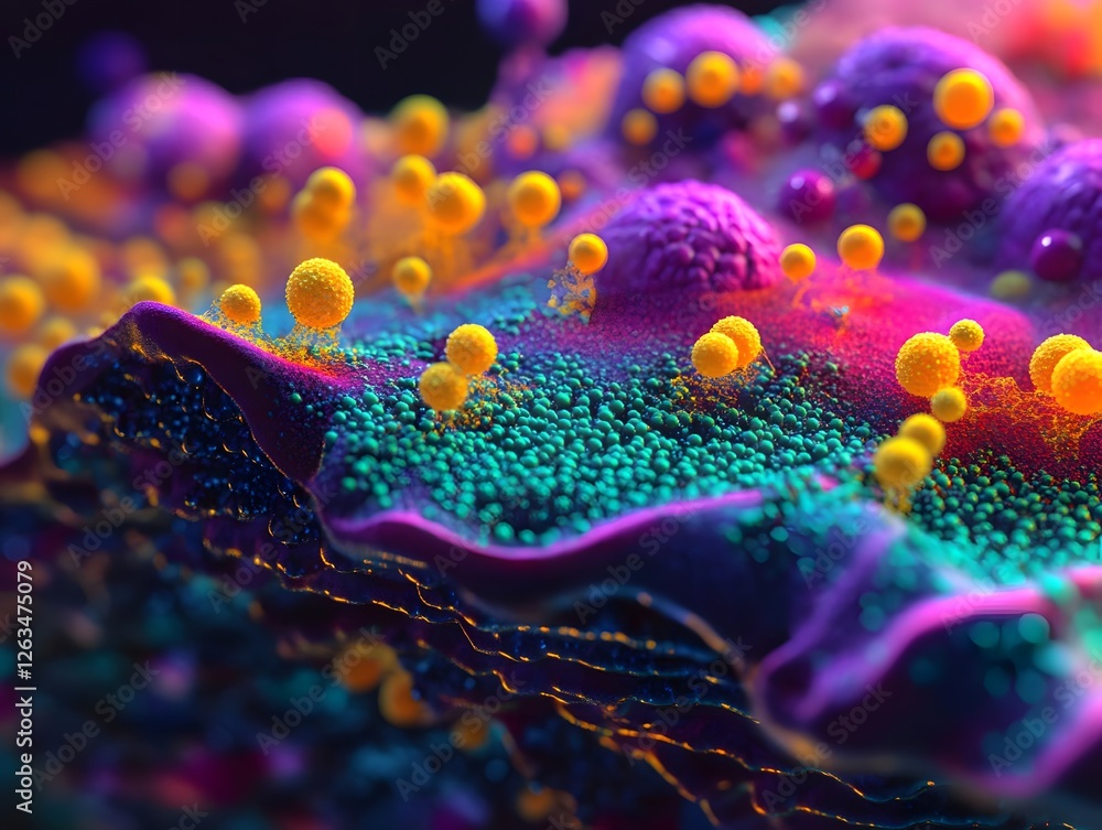 Poster a vibrant and colorful microscopic view showcasing intricate cellular structures and processes. the 