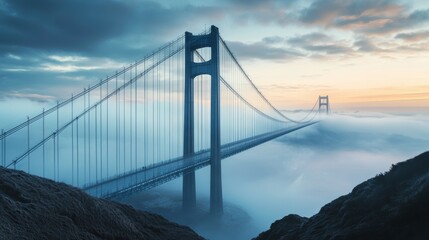 Fototapeta premium Suspension Bridge in Misty Landscape at Sunrise