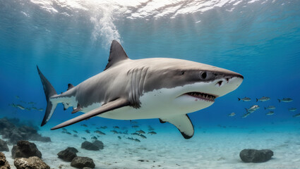Fototapeta premium Underwater photo of a great white shark in its natural habitat. Captures its power and grace, with schools of fish in the background. Ideal for ocean enthusiasts.