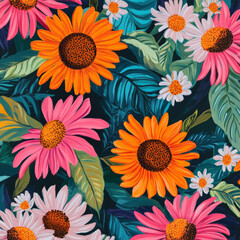 A vibrant floral illustration featuring bright orange and pink marigolds, sunflowers, and daisies set against contrasting green and blue leaves. The bold color combination creates a lively, energetic