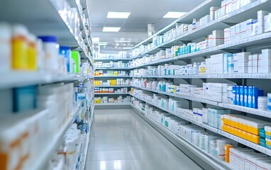Fototapeta premium A well-organized pharmacy aisle featuring shelves stocked with a variety of medications and health products, showcasing a clean and modern environment for customer convenience.