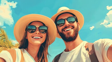 Happy tourists enjoying a selfie at a coastal location gigapixel quality bright environment joyful concept