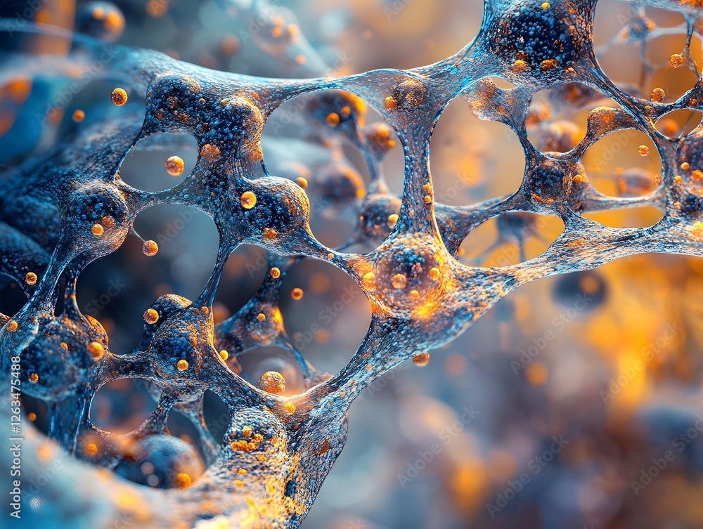 Poster an abstract representation of a cellular structure with vibrant colors and intricate patterns. this 