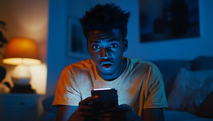 A young man sits in a dimly lit room, staring at his smartphone with an expression of surprise or shock. The cool blue light from the screen casts an intriguing glow on his face.
