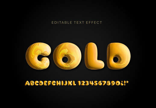 Gold And Yellow Bubble Text Gold Font. Playful 3D Text Effect

