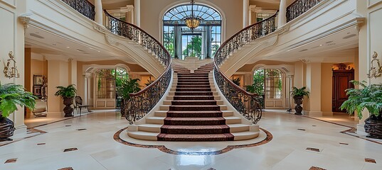 An elegant foyer with grand staircase, high ceilings, and sophisticated decor