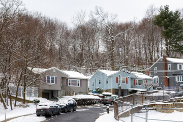 Serene winter scene in a suburban neighborhood in Brighton, Massachusetts, USA

