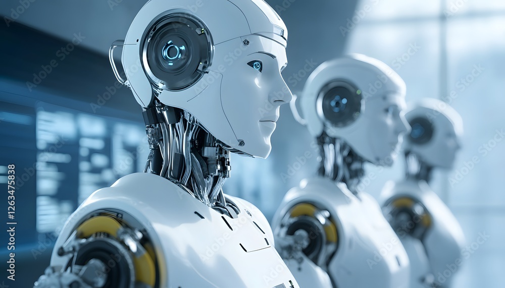 Poster futuristic humanoid robots stand in a modern technology environment, showcasing advanced ai features