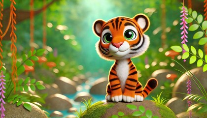 Adorable animated tiger cub sitting in a vibrant jungle with colorful foliage.