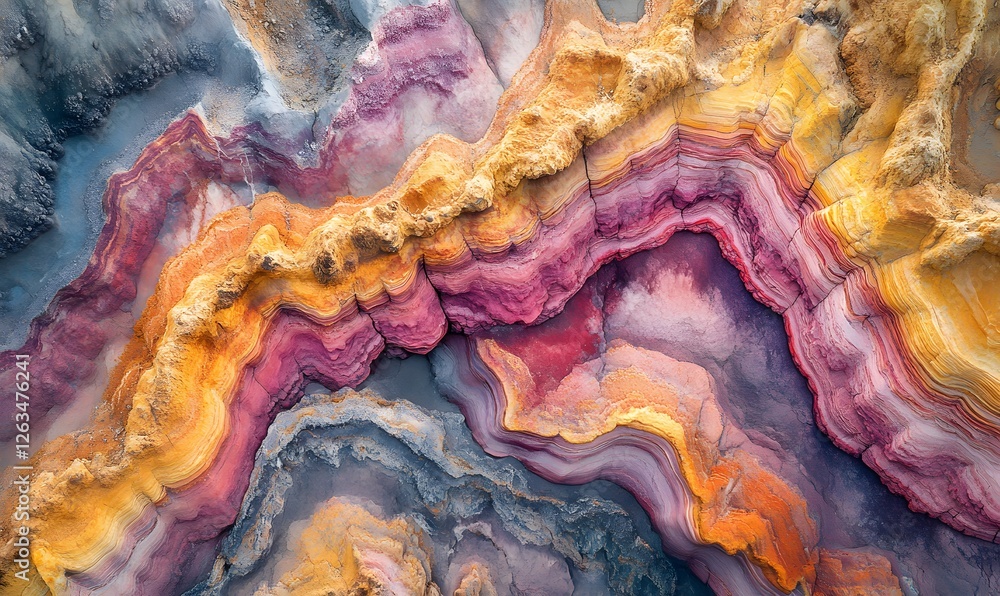 Poster abstract aerial view of colorful geological layers with intricate patterns and textures