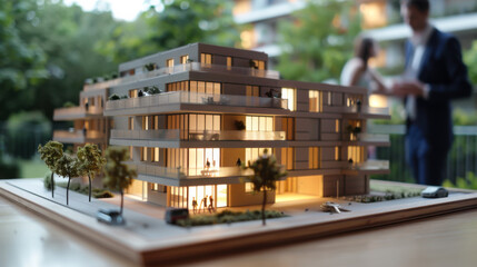 Architectural model showcasing modern design in workshop with project discussion among designers during daytime