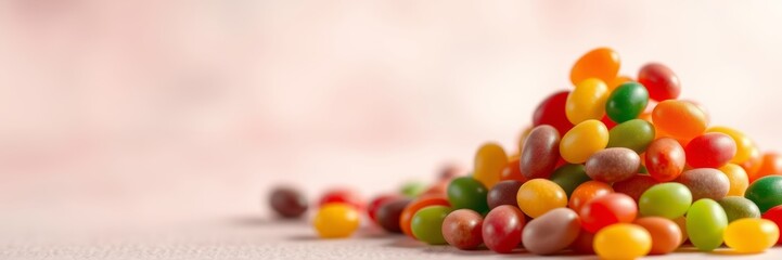 Obraz premium Colorful jelly beans with a cheerful mood representing sweetness against a soft pastel background