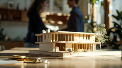 Architectural model showcasing modern design in workshop with project discussion among designers during daytime