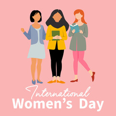 International Women's Day celebration with diverse women standing together, flat vector illustration