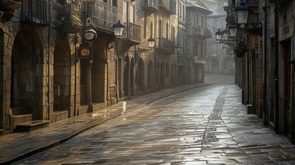 Fototapeta premium Misty Morning Stroll Through Historic European Alley