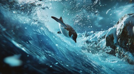Obraz premium Penguin Diving into Icy Waters