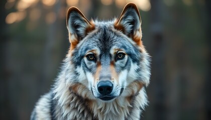 Close up photography of a gray wolf showing intricate details of its fur and piercing eyes, with the wolf positioned slightly off center against a blurred natural background of a forest