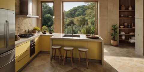 Fototapeta premium Modern Kitchen Design With Island And Lush Greenery View