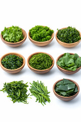 Assorted herbs in wooden bowls for cooking and culinary arts on white surface. Generative AI