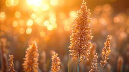Golden rice stalk bending under the weight of ripening grains in warm light