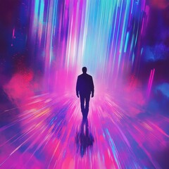 Silhouette of a man walking through a vibrant and colorful tunnel