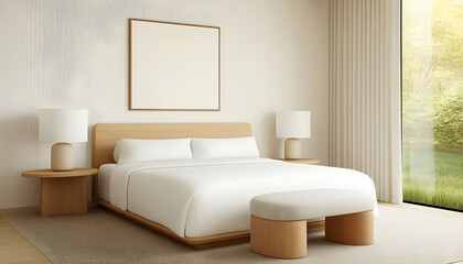 Bright bedroom with a bed and blank frame, overlooking a beautiful garden. Generative AI