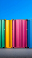 Bright color cargo containers sit in a row, awaiting shipping under a blue sky. Generative AI