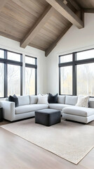 Bright living room with a large sectional sofa, rug, and outside views. For real estate. Generative AI