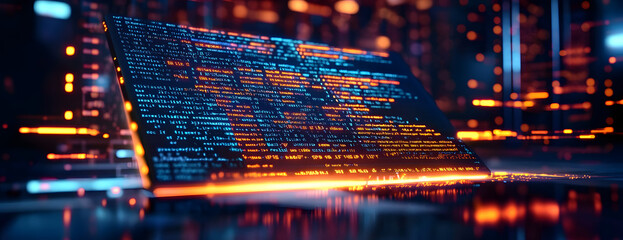 Coding script text on screen. Notebook closeup photo. Running Computer data programming.