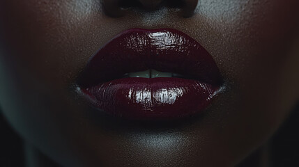 Obraz premium Close-up of model's lips showcasing glossy deep burgundy lipstick in cinematic lighting with flawless texture and rich color saturation