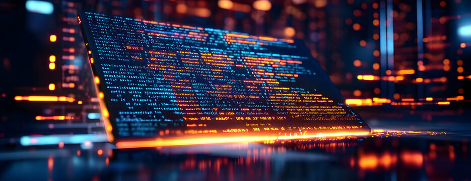 Coding script text on screen. Notebook closeup photo. Running Computer data programming.