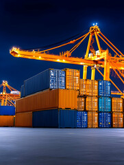 Cargo containers stacked at dockside during night operations for global transit use. Generative AI