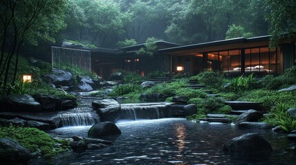 Fototapeta premium Misty mountain resort, tranquil waterfall, modern Japanese house, serene garden