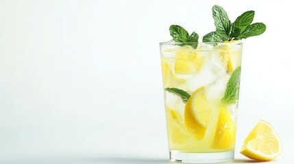 A refreshing glass of lemonade filled with ice cubes and garnished with fresh mint leaves, perfect for a hot day.