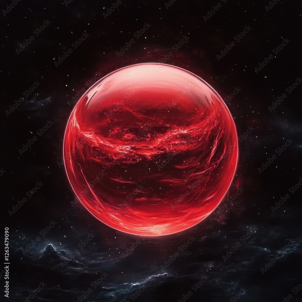 Poster fiery red planet with nebulous textures floating in space