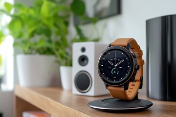 Naklejka premium A stylish smartwatch resting on a wireless charging pad, seamlessly blending into a high-tech, connected home setup.
