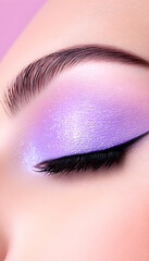 Closed eye with purple makeup. Beauty ad. Pastel gradient background. Close up. Generative AI