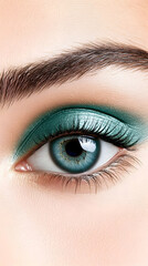 Obraz premium Close-up of a blue woman's eye with green makeup applied for beauty advertising. Generative AI