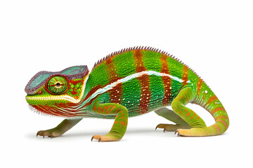 Obraz premium Colorful Chameleon Walking on White Background for Biology Education and Nature. Generative AI